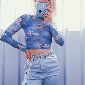 Retro Angel Printed Sheer Mesh High Neck Crop Top